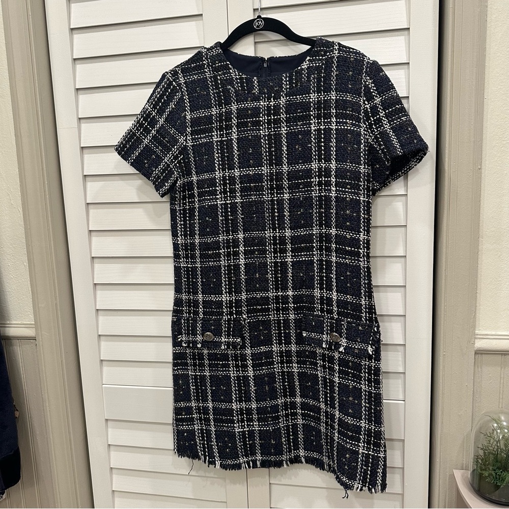 City Studio dress size 5 blue black gold white tweed